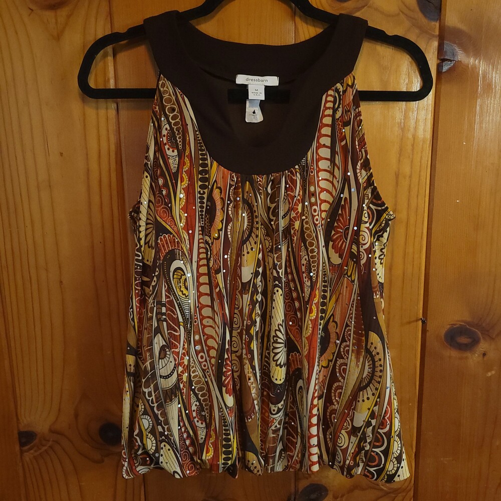 Vintage y2k dressbarn Medium Brown Multicolor Sleeveless Blouse Embellishments